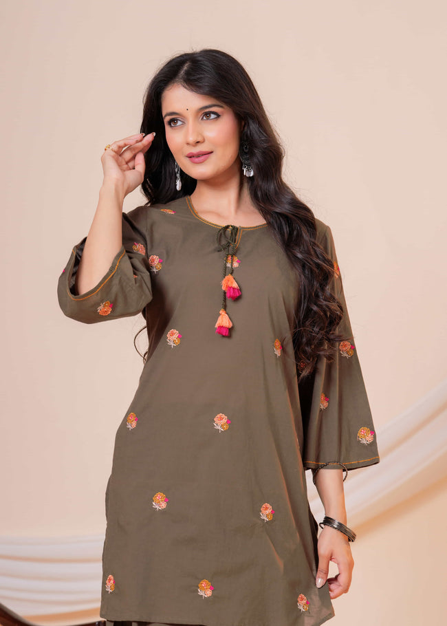 Nazm Military Green Tassel Embroidered Co-ord Set