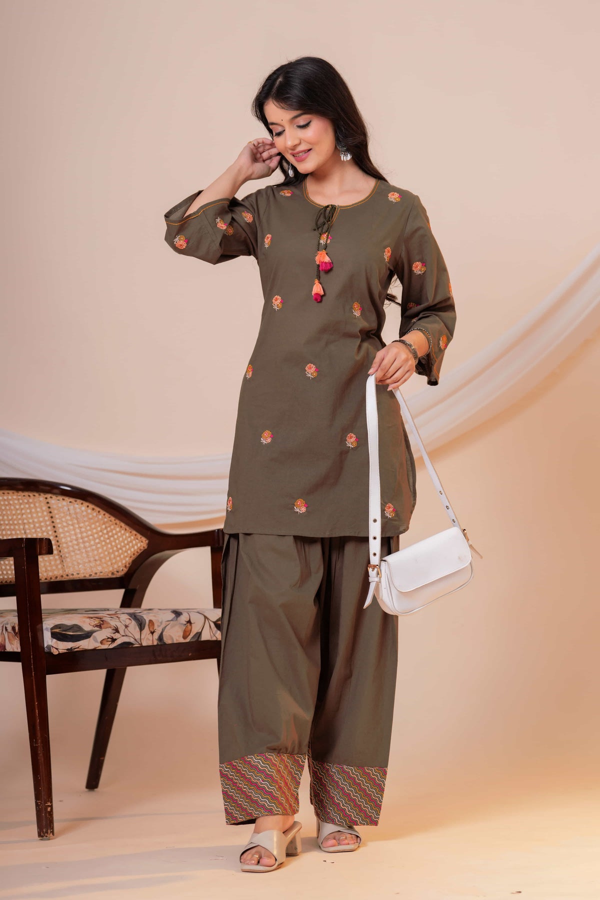 Nazm Military Green Tassel Embroidered Co-ord Set