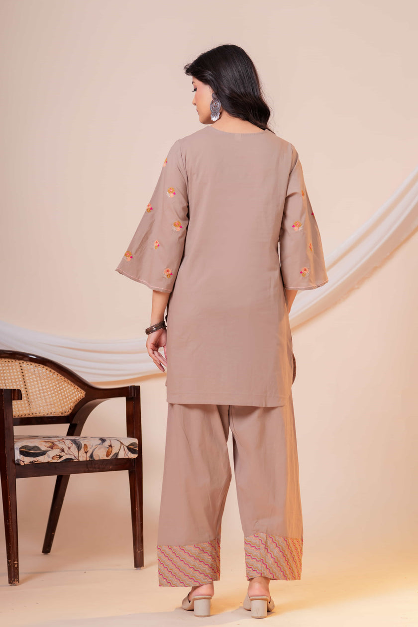 Nazm Taupe Tassel Embroidered Co-ord Set