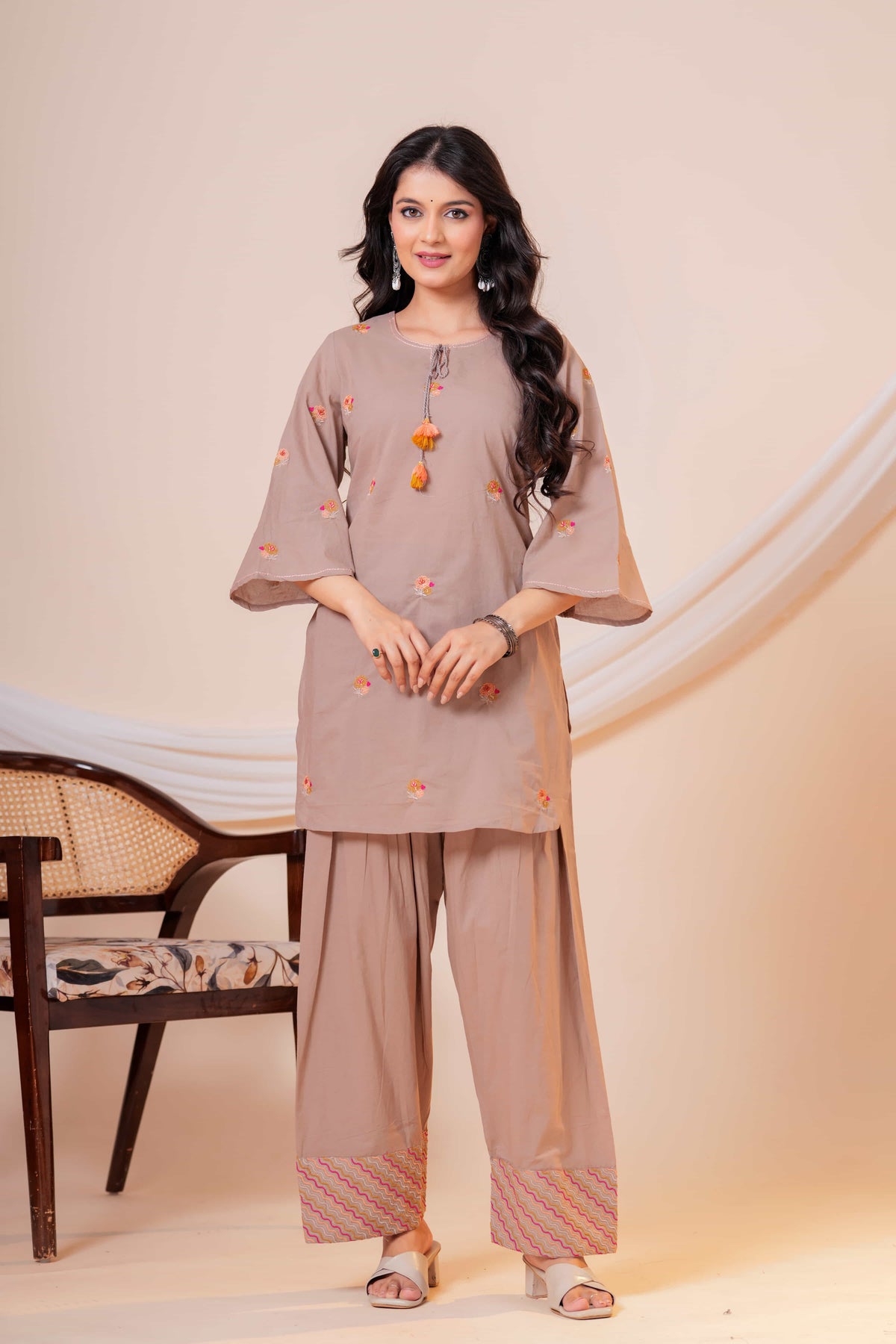 Nazm Taupe Tassel Embroidered Co-ord Set