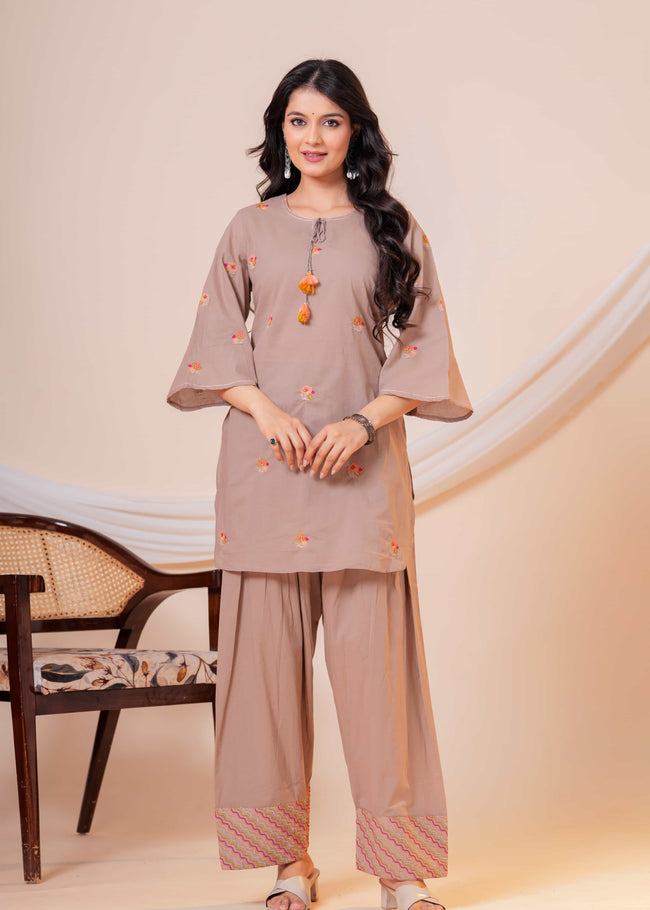 Nazm Taupe Tassel Embroidered Co-ord Set