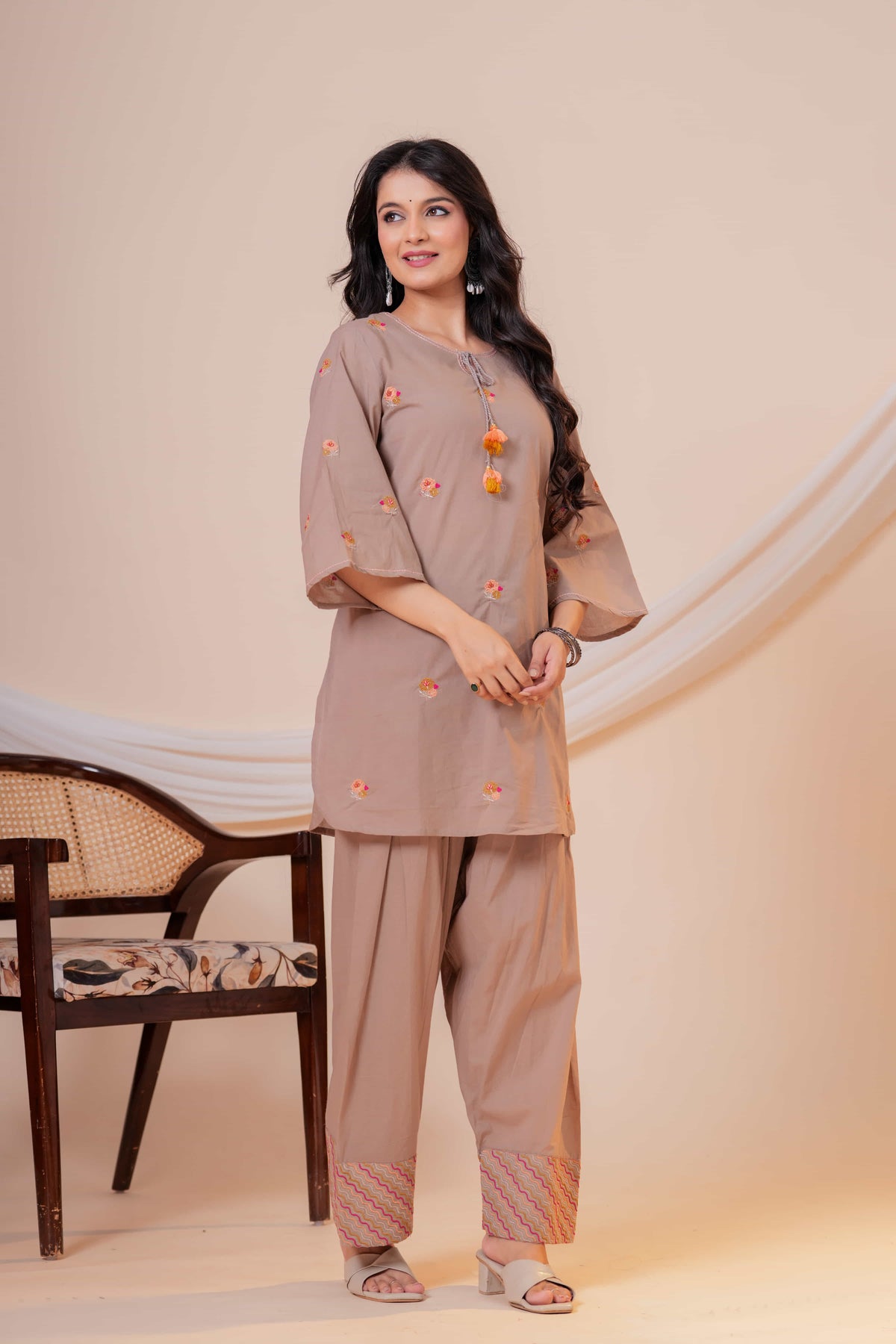 Nazm Taupe Tassel Embroidered Co-ord Set