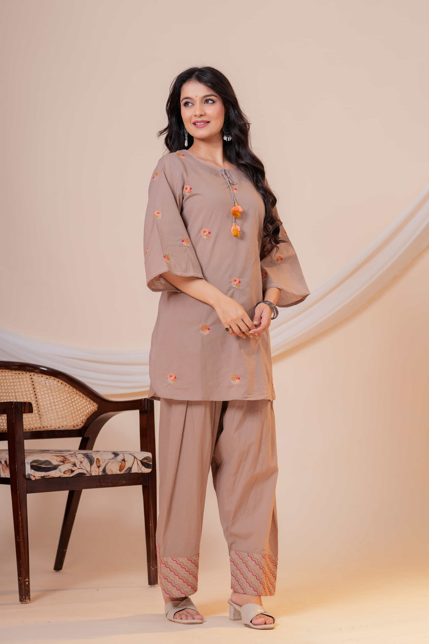 Nazm Taupe Tassel Embroidered Co-ord Set
