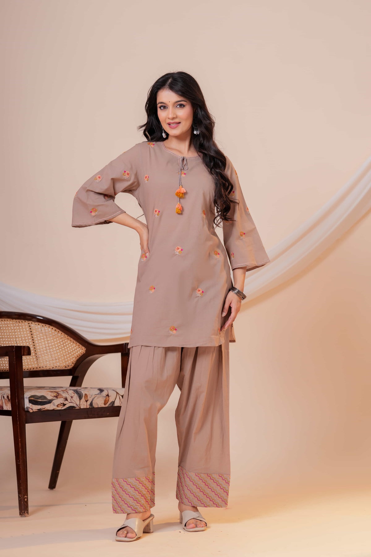 Nazm Taupe Tassel Embroidered Co-ord Set