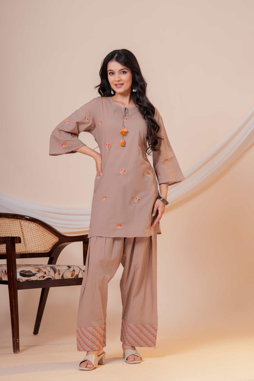 Nazm Taupe Tassel Embroidered Co-ord Set