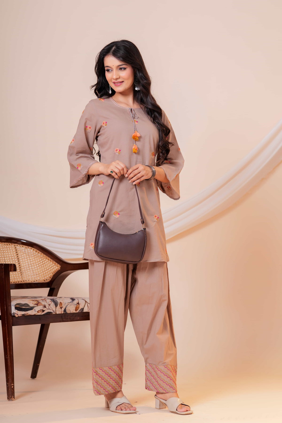 Nazm Taupe Tassel Embroidered Co-ord Set