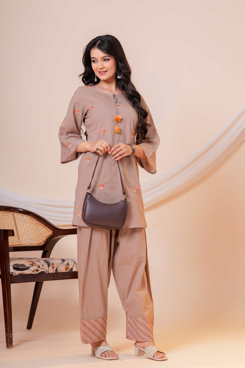 Nazm Taupe Tassel Embroidered Co-ord Set