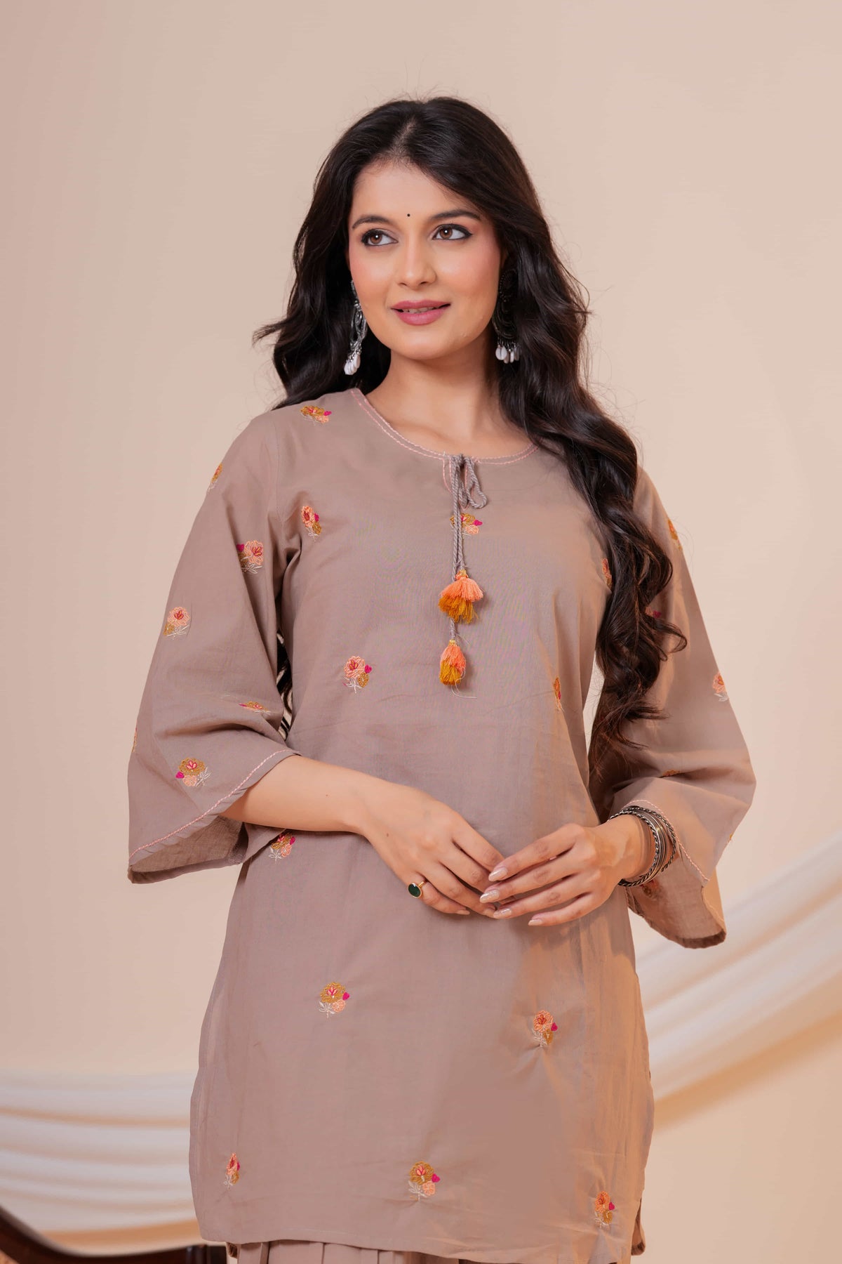 Nazm Taupe Tassel Embroidered Co-ord Set