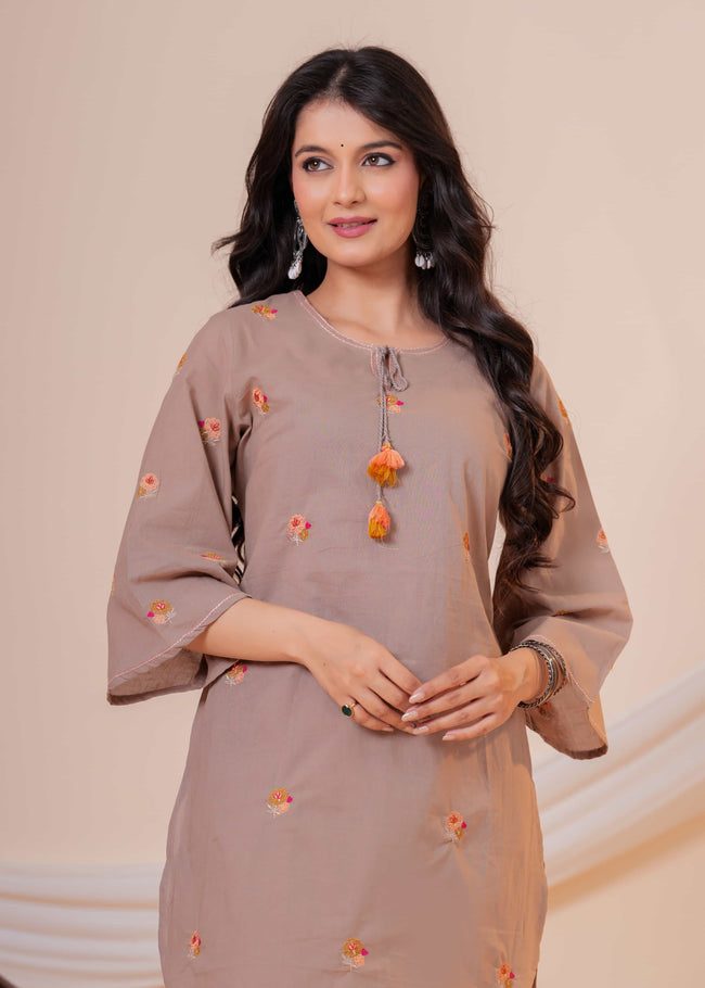 Nazm Taupe Tassel Embroidered Co-ord Set