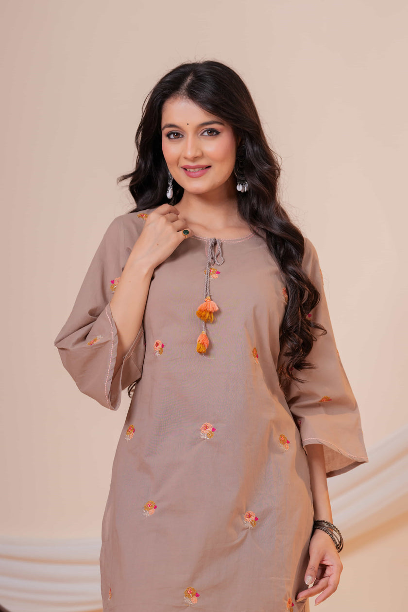 Nazm Taupe Tassel Embroidered Co-ord Set