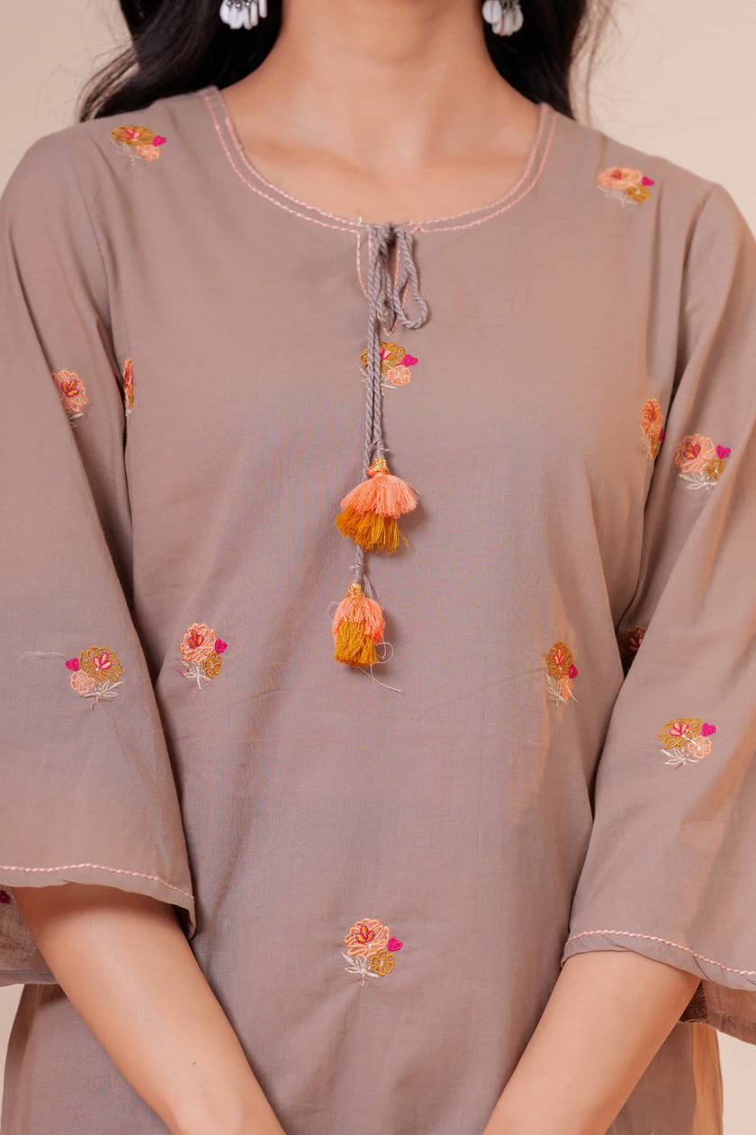 Nazm Taupe Tassel Embroidered Co-ord Set