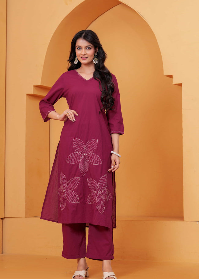 Noor-e-Gaj Wine Appliqué Embroidered Kurta Set