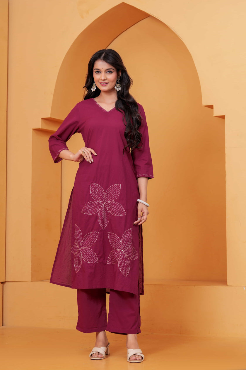 Noor-e-Gaj Wine Appliqué Embroidered Kurta Set