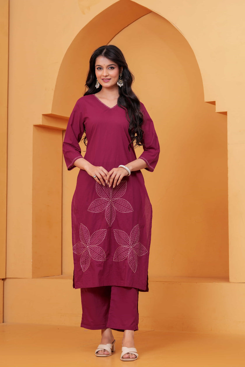 Noor-e-Gaj Wine Appliqué Embroidered Kurta Set