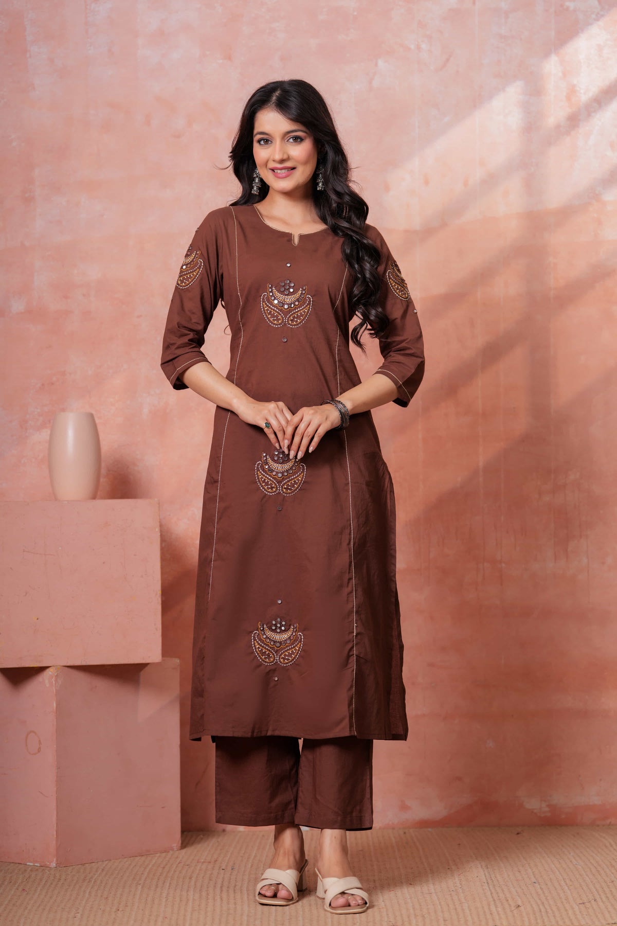 Resham Brown Embroidered Kurta Set