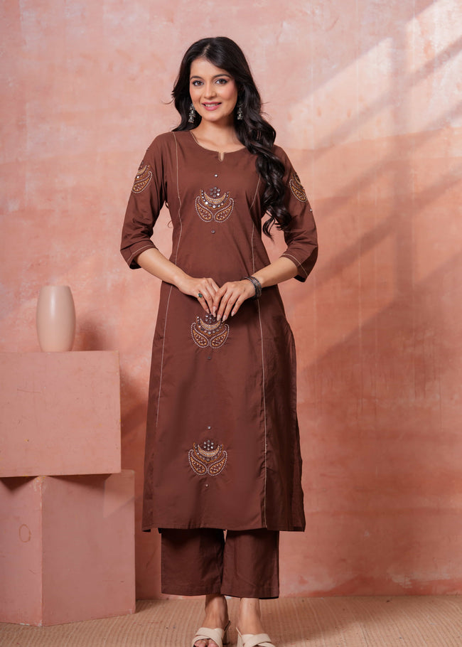 Resham Brown Embroidered Kurta Set