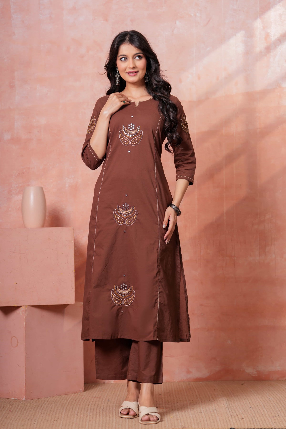Resham Brown Embroidered Kurta Set