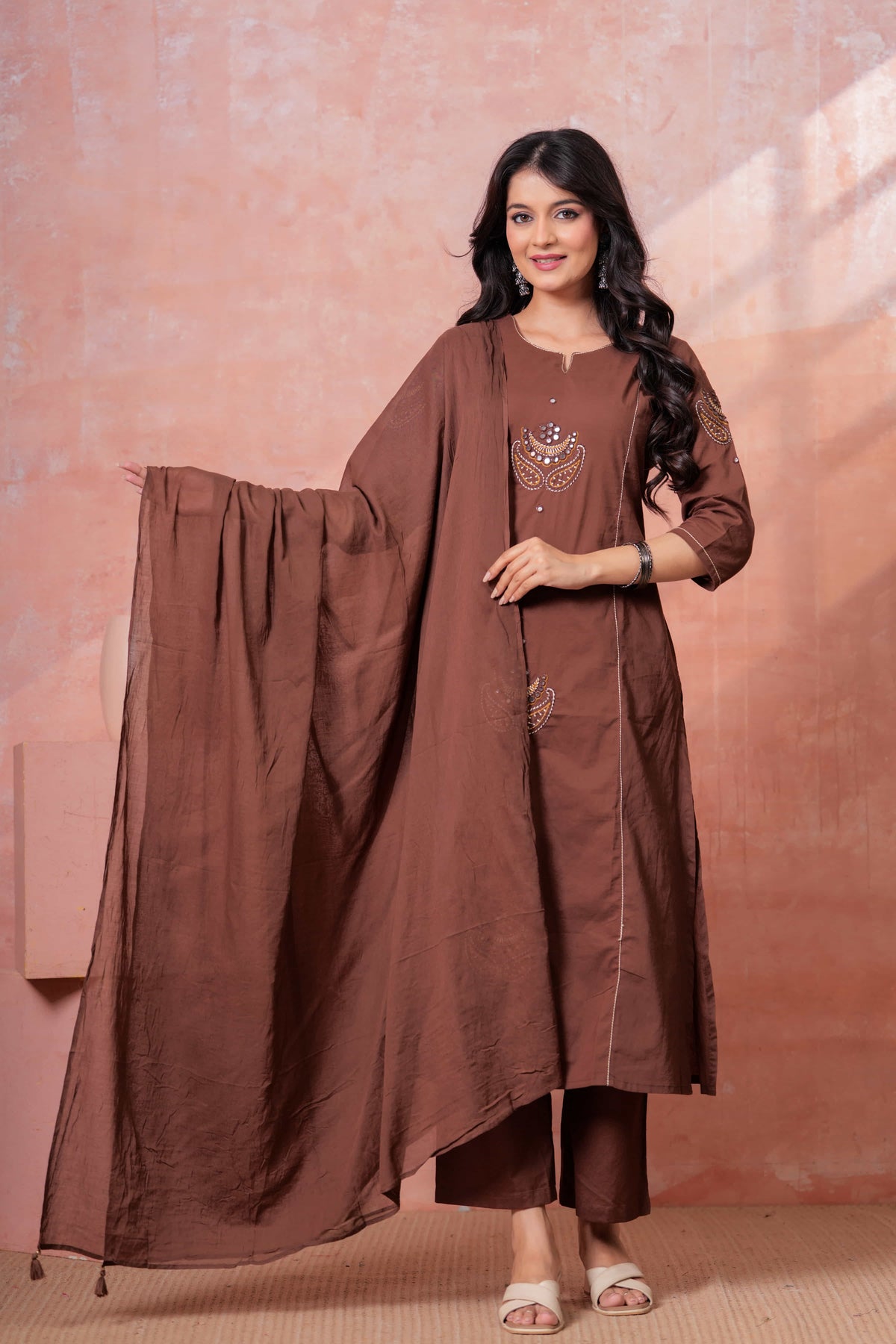 Resham Brown Embroidered Kurta Set