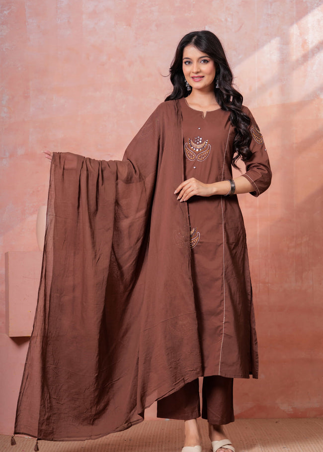 Resham Brown Embroidered Kurta Set