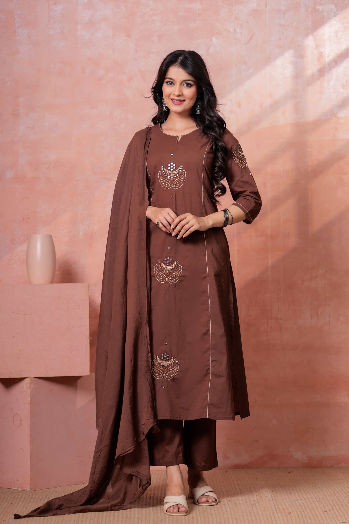Resham Brown Embroidered Kurta Set