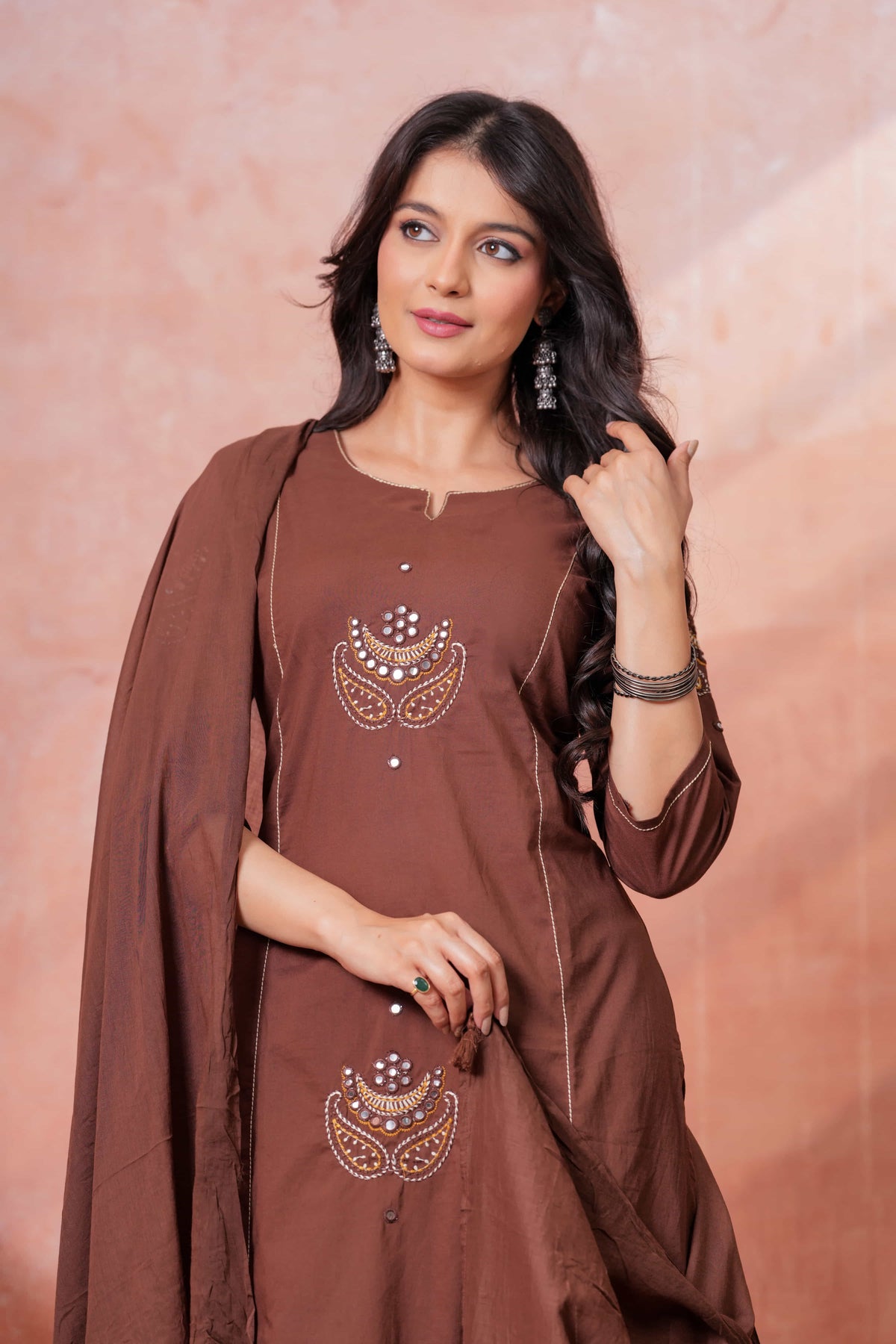 Resham Brown Embroidered Kurta Set
