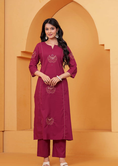 Resham Maroon Embroidered Kurta Set