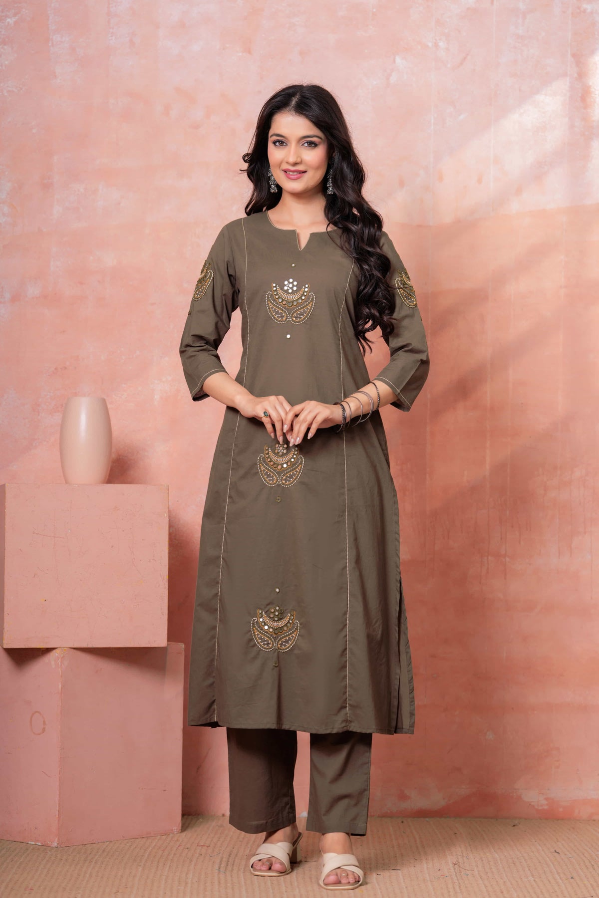 Resham Military Green Embroidered Kurta Set