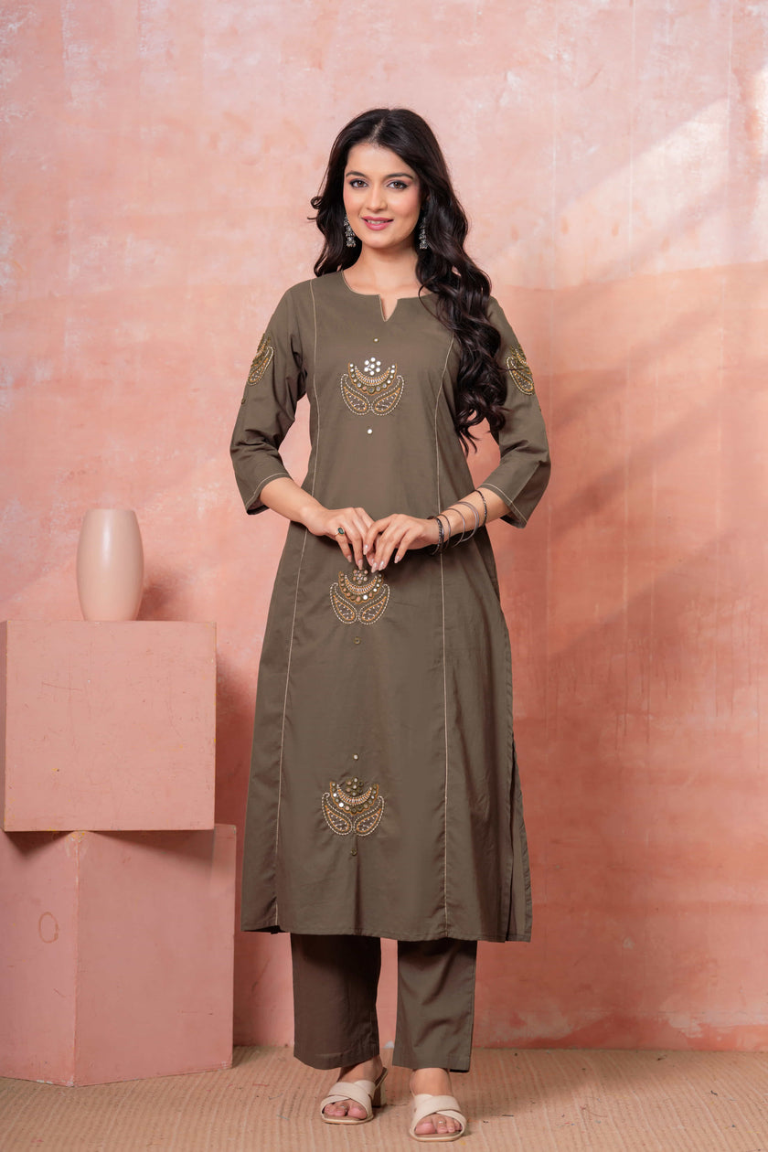 Resham Military Green Embroidered Kurta Set