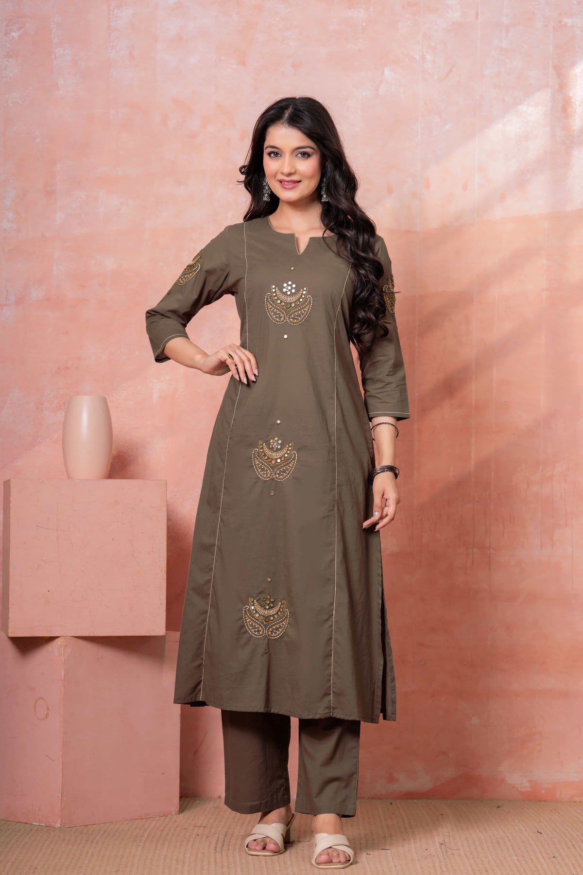 Resham Military Green Embroidered Kurta Set