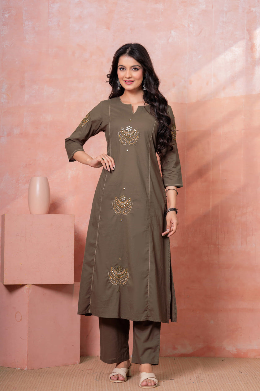 Resham Military Green Embroidered Kurta Set