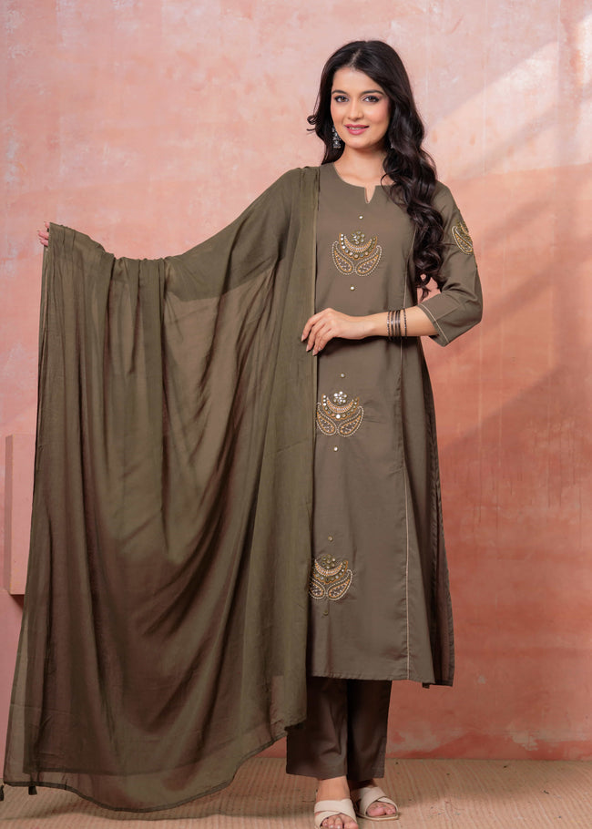 Resham Military Green Embroidered Kurta Set