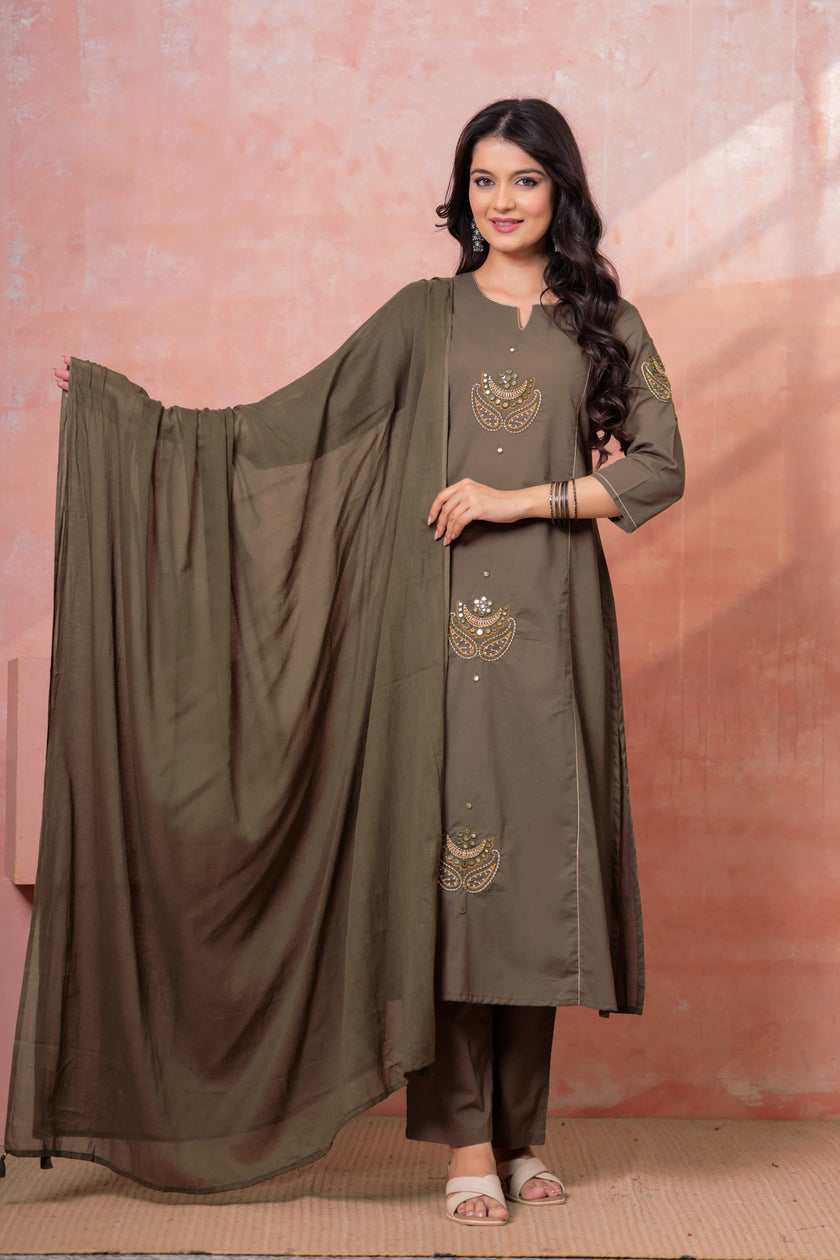 Resham Military Green Embroidered Kurta Set