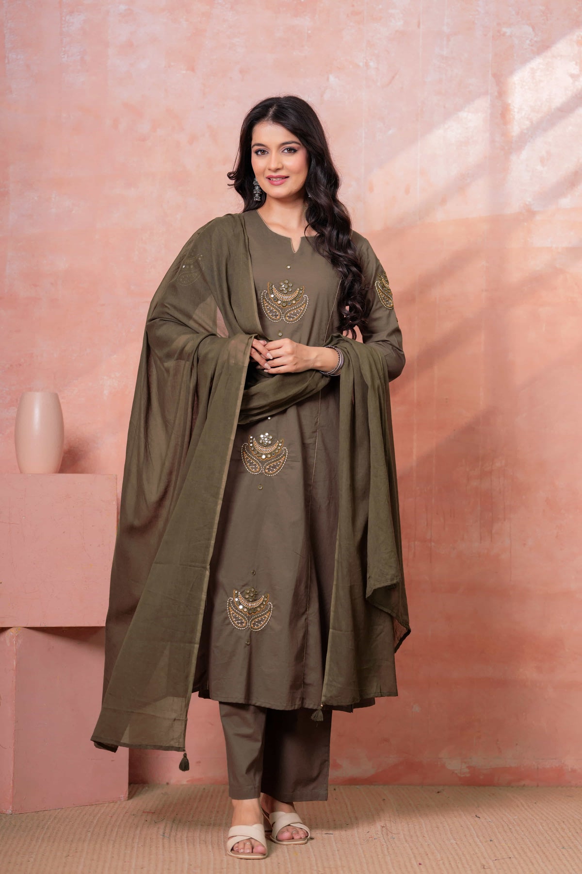 Resham Military Green Embroidered Kurta Set