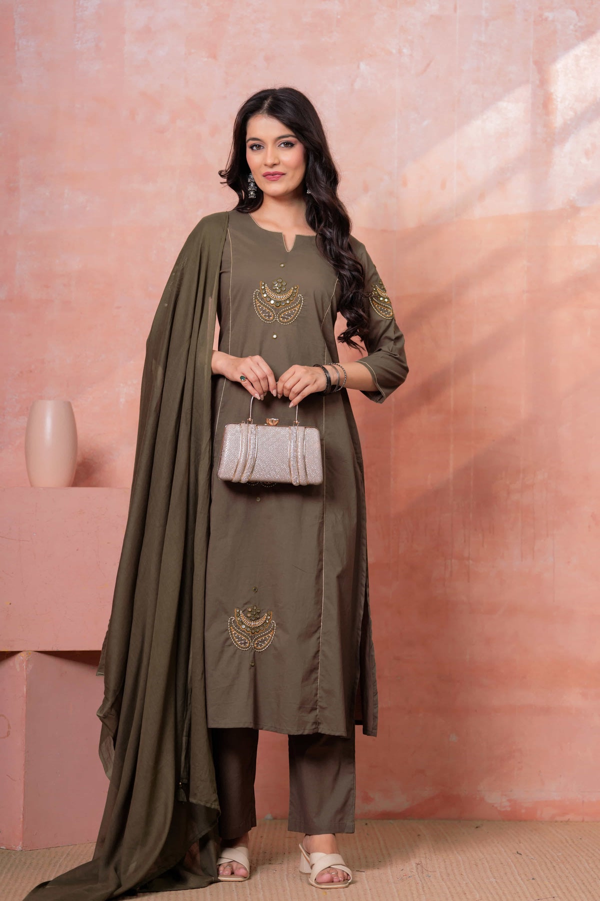 Resham Military Green Embroidered Kurta Set