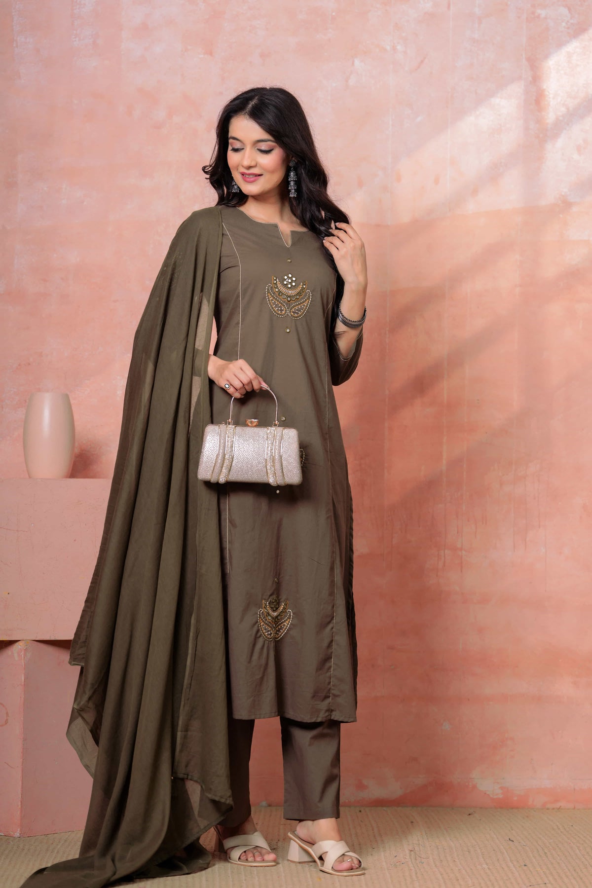 Resham Military Green Embroidered Kurta Set
