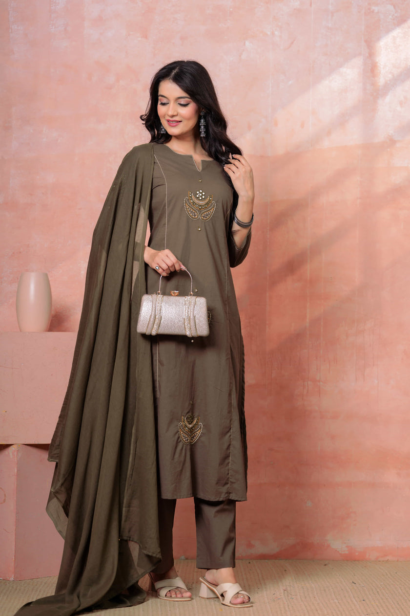 Resham Military Green Embroidered Kurta Set