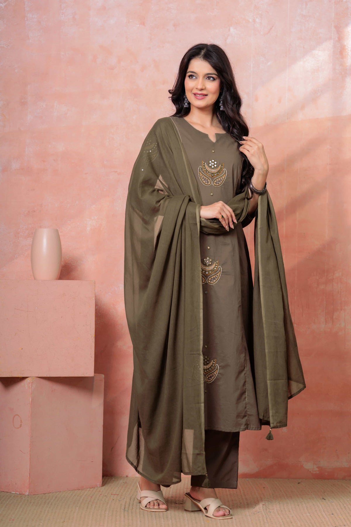 Resham Military Green Embroidered Kurta Set