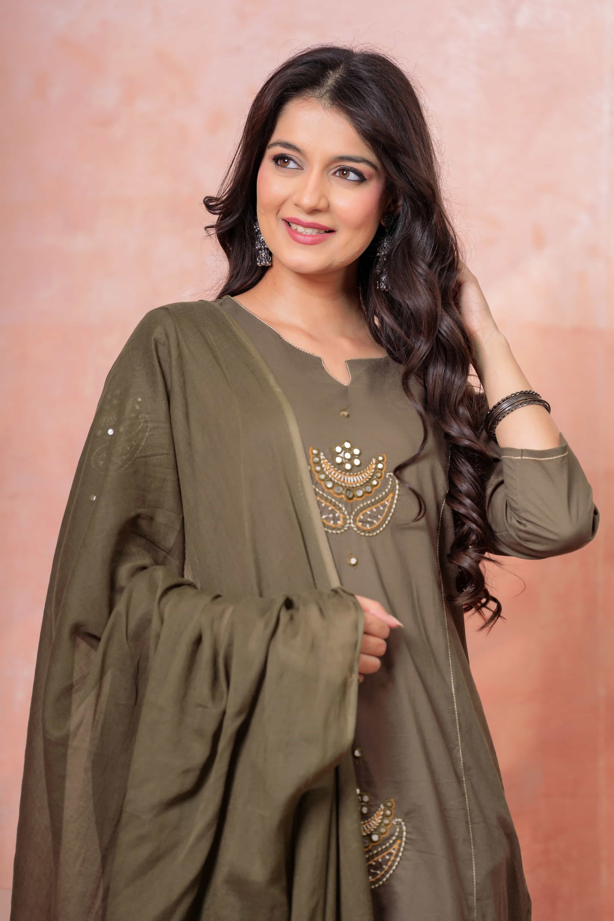 Resham Military Green Embroidered Kurta Set