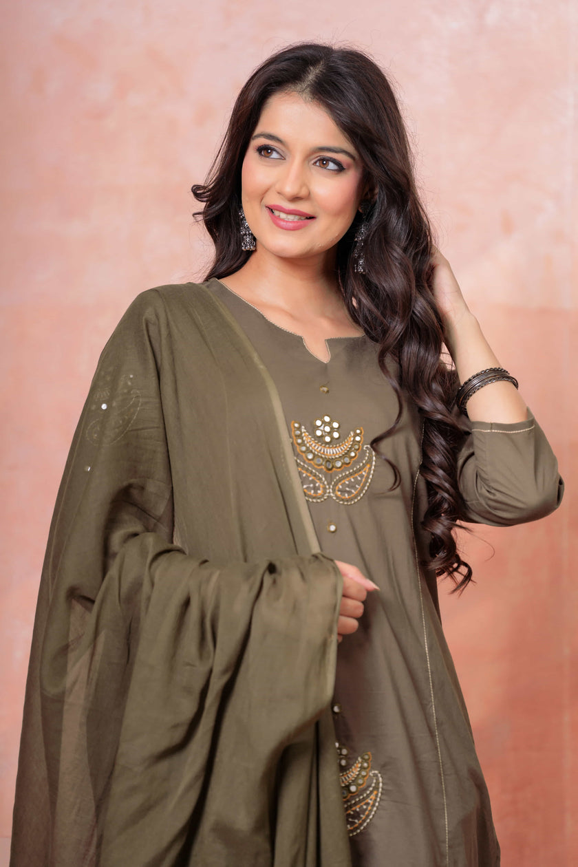 Resham Military Green Embroidered Kurta Set