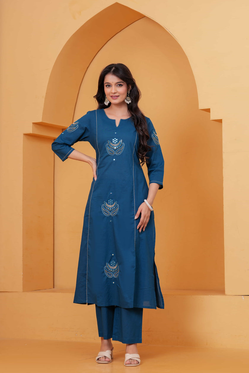 Resham Teal Embroidered Kurta Set