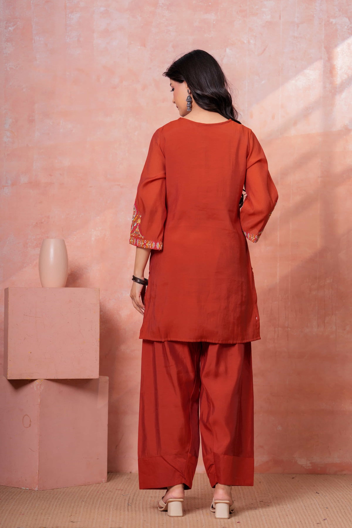 Rust Floral Embroidered Kurta Set