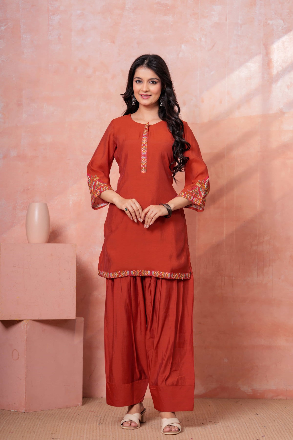 Rust Floral Embroidered Kurta Set