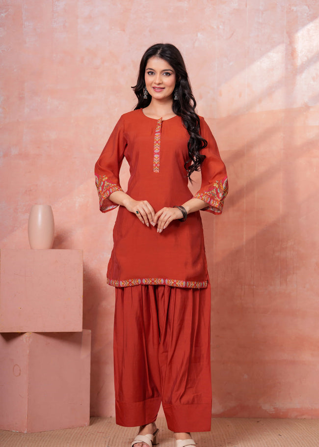 Rust Floral Embroidered Kurta Set