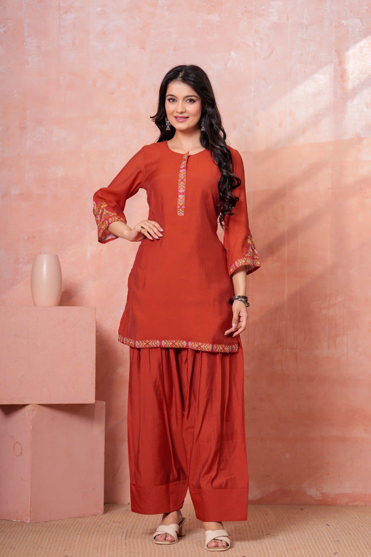 Rust Floral Embroidered Kurta Set