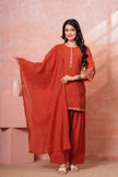 Rust Floral Embroidered Kurta Set