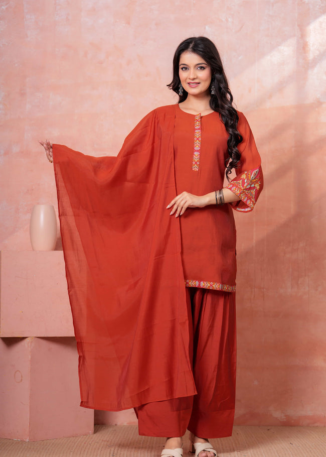 Rust Floral Embroidered Kurta Set
