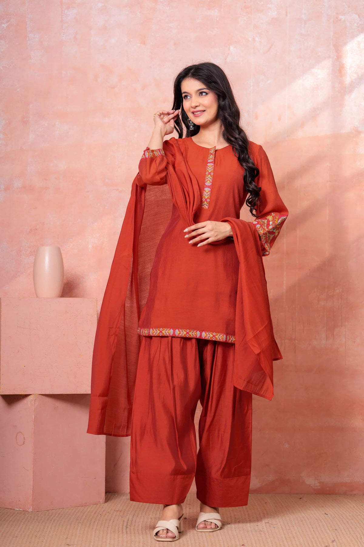 Rust Floral Embroidered Kurta Set
