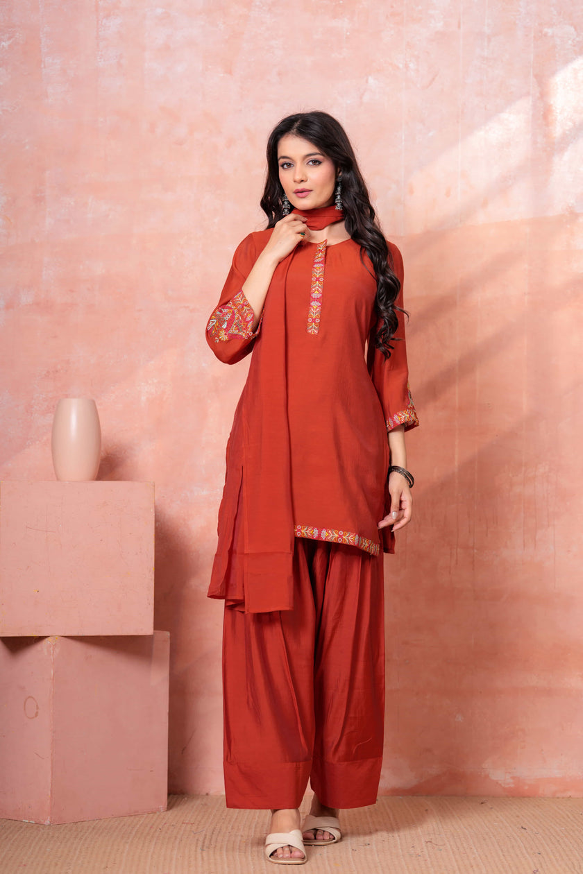 Rust Floral Embroidered Kurta Set