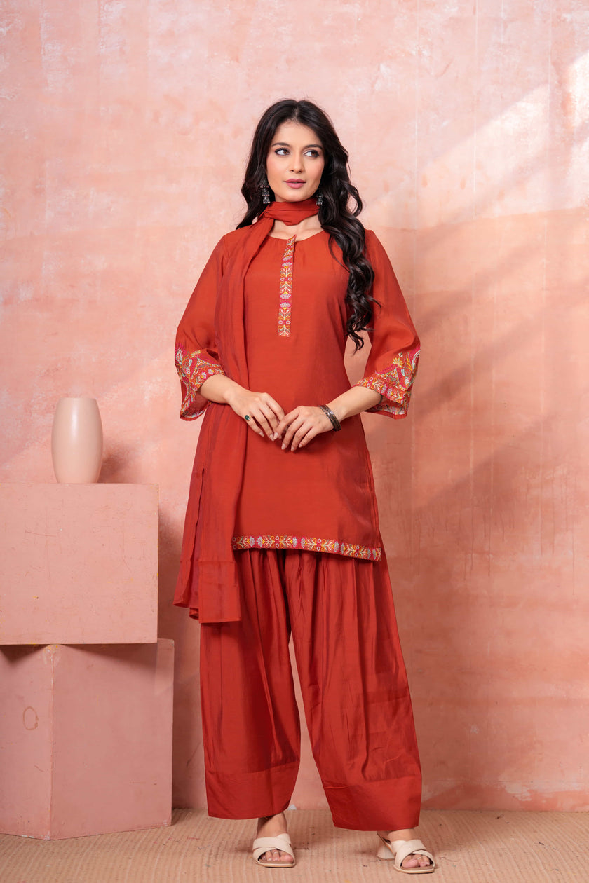 Rust Floral Embroidered Kurta Set