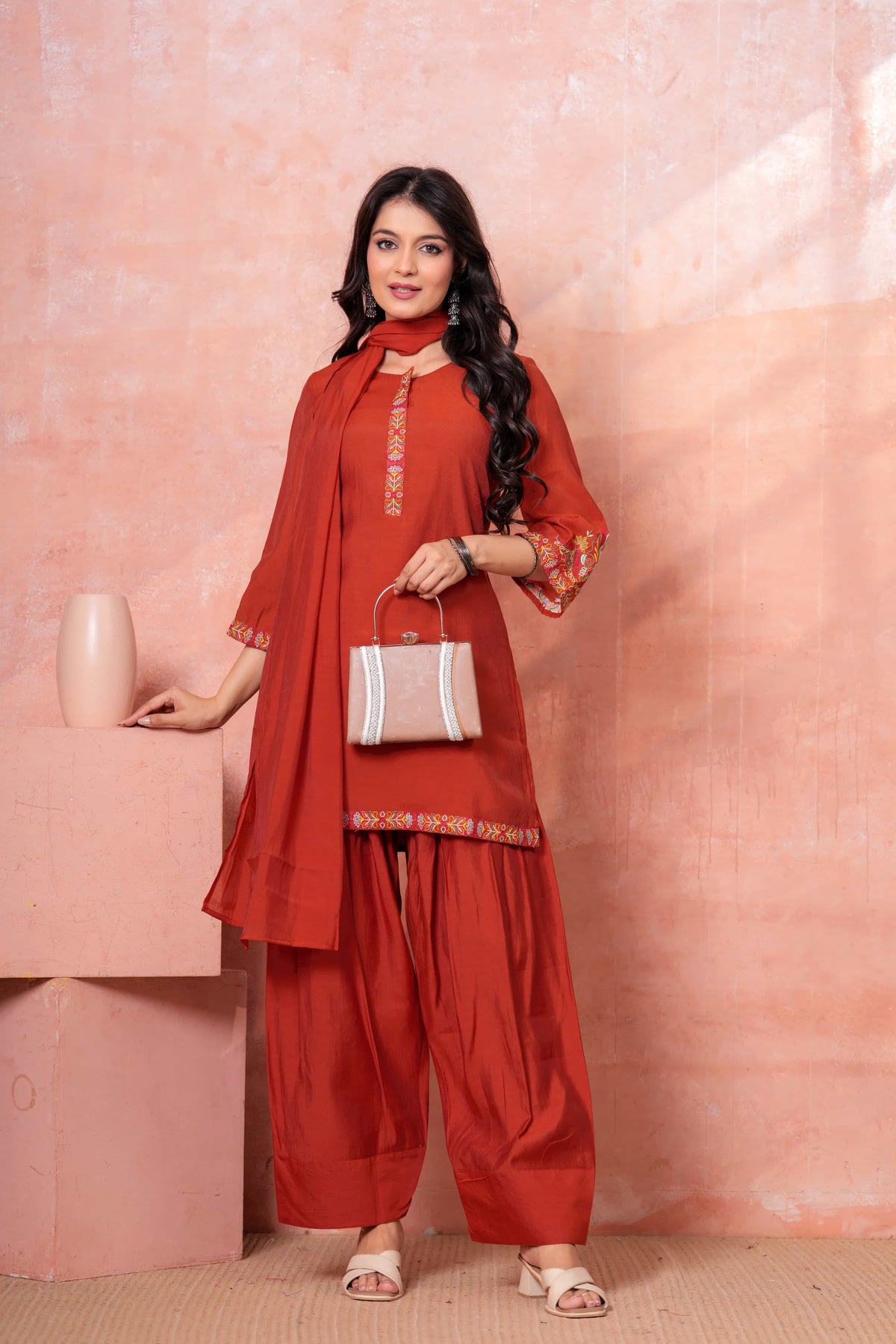 Rust Floral Embroidered Kurta Set